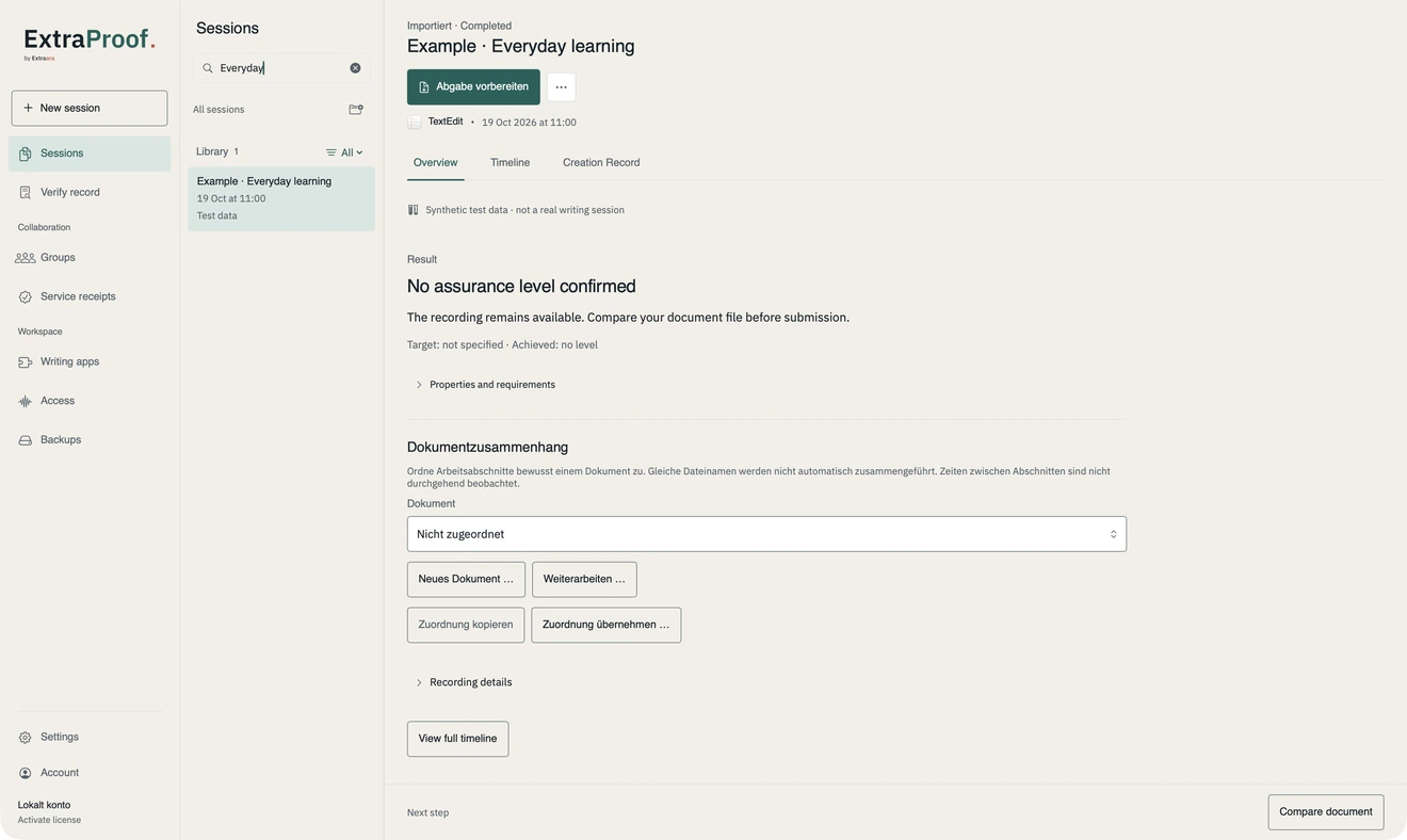 ExtraProof for macOS: overview of a synthetic sample session about everyday learning.