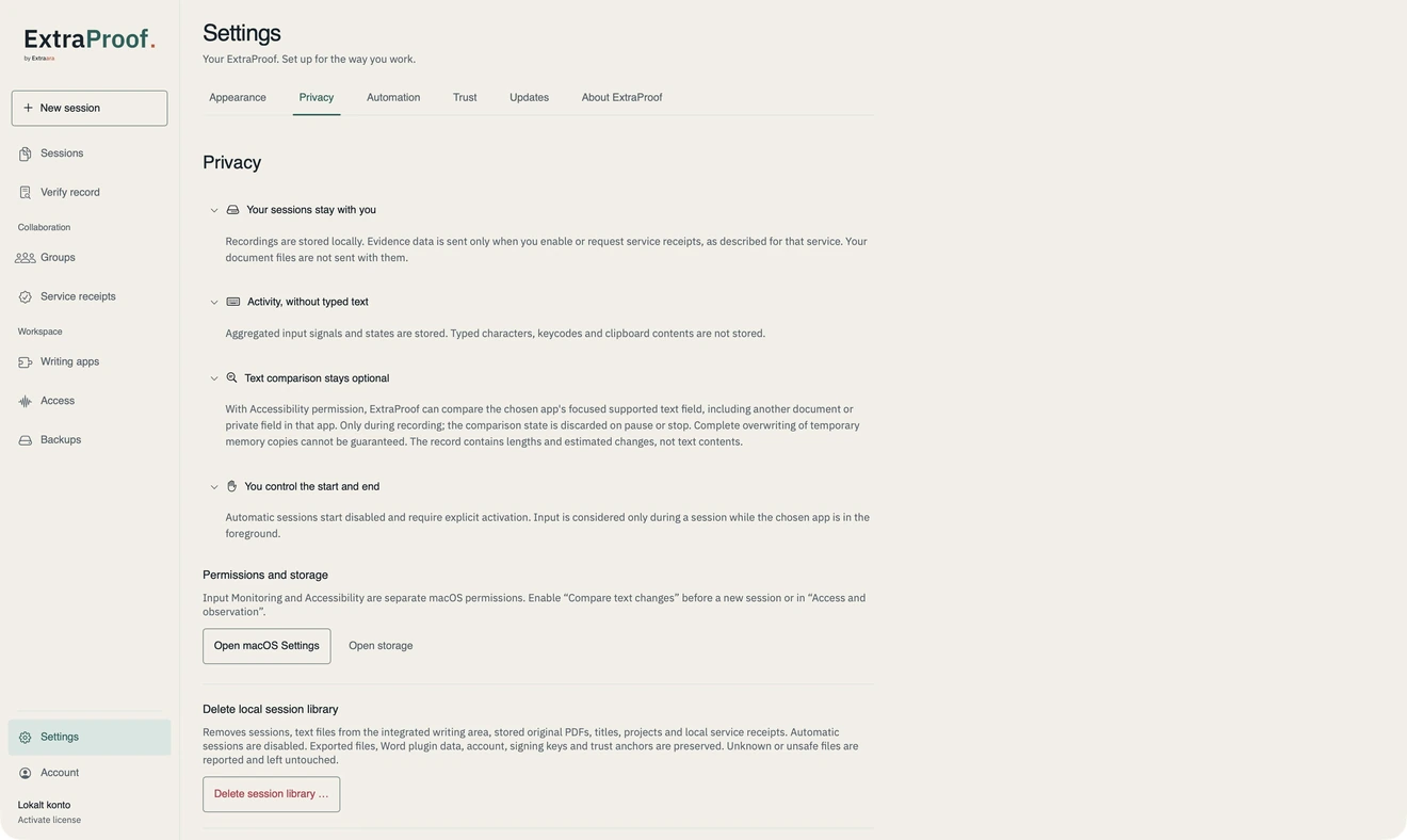 ExtraProof privacy settings: local session data, activity without stored keystrokes, optional text comparison and deliberate control over recording start and stop.